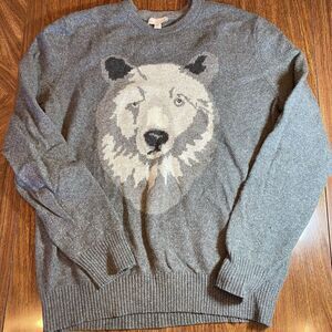 Gap Lambswool Sweater Men XL Heather Grey Bear Graphic Crew Casual Comfort